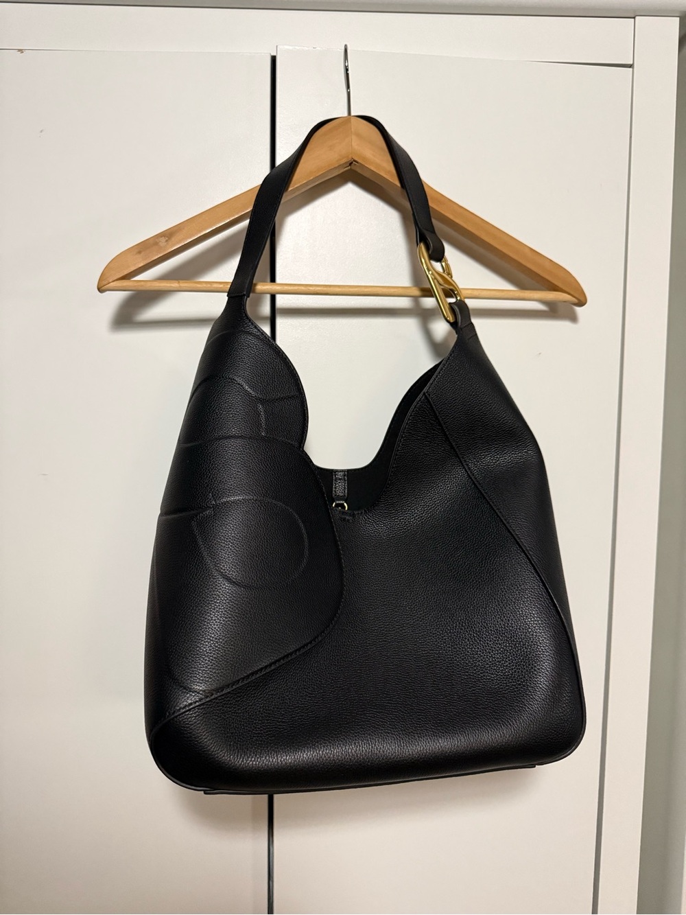 Black Pebble Leather Shoulder Bag with Gold Accent